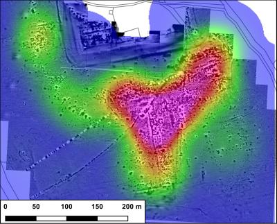 Kerndichtekartierung der Grubenbefunde im Magnetikplan des Vicus von Ehingen-Dambach. 